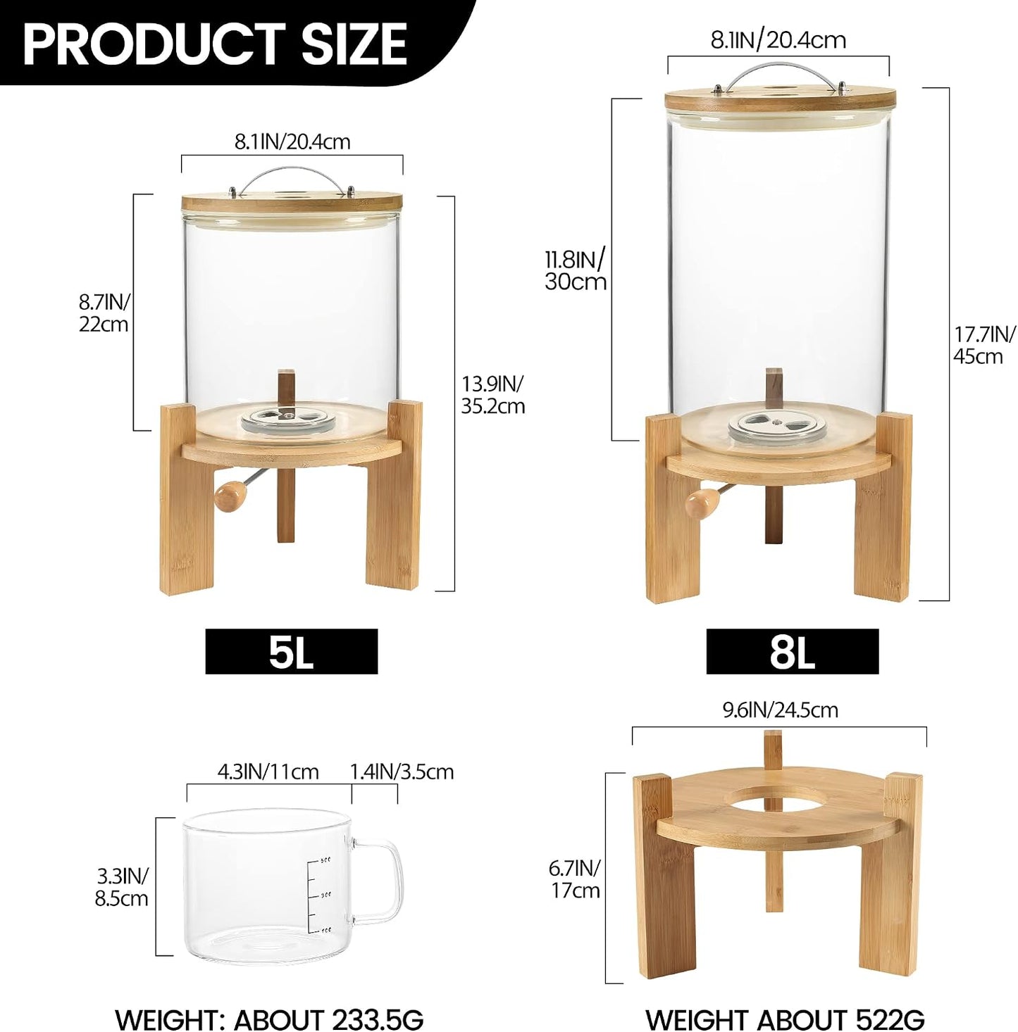Rice Dispenser, Rice Storage Container：Flour and Cereal Container with Airtight Lid and Wooden Stand, Glass Food Storge Container for Kitchen Organization and Pantry Store (5L)