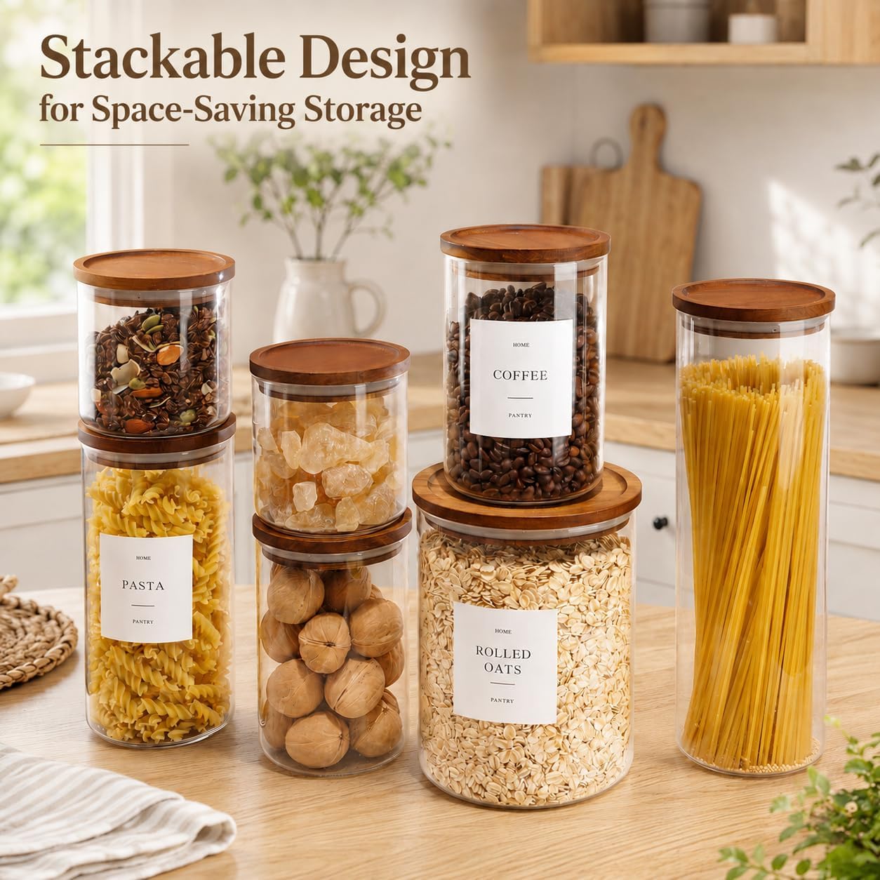 2 Pack Glass Rice Containers with Acacia Wood Lids, 70oz Airtight Flour and Sugar Jars with 105 Labels, Large Glass Pantry Storage Jars for Cereal, Protein Powder, Cookies, Dry Food