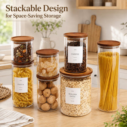 2 Pack Glass Rice Containers with Acacia Wood Lids, 70oz Airtight Flour and Sugar Jars with 105 Labels, Large Glass Pantry Storage Jars for Cereal, Protein Powder, Cookies, Dry Food
