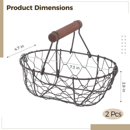 2 Pcs Chicken Wire Egg Baskets, Farmhouse Chicken Egg Collecting Baskets, Rustic Metal torages with Wooden Handle, Small Stackable Holders for Fruits, Vegetables, Sundries