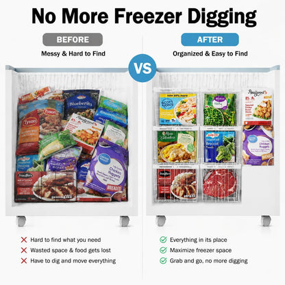 iSPECLE Chest Freezer Organizer - Adjustable Width & Extra Depth, 3 Pack | For 5-7 Cu Ft Chest Freezers, Stackable Large Freezer Organizer Bins, Easy Food Access & Organization, No Wasted Space, White