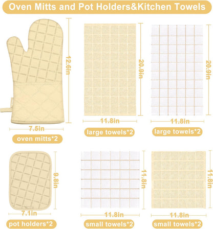 Oven Mitts Kitchen Towels and Dishcloths Pot Holders Sets, Oven Gloves Kitchen Dish Towels 500 Degree Heat Resistant Potholders with Non-Slip Silicone Surface for Cooking, Grilling, Baking-Gray