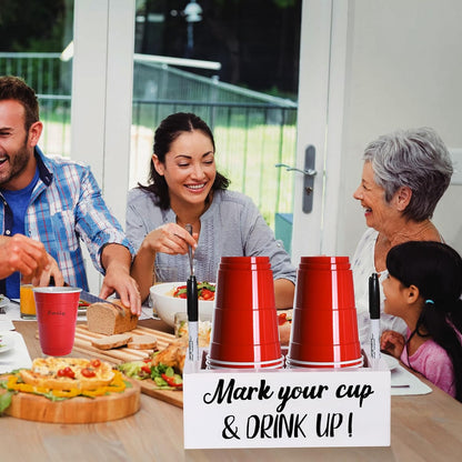 Wooden Cup Holder with Marker Slot, Disposable Plastic Party Cup Organizer for Holiday Gatherings - Hosting Essential to Mark Your Cup & Drink Up, Prevent Mix-Ups, Reduce Waste