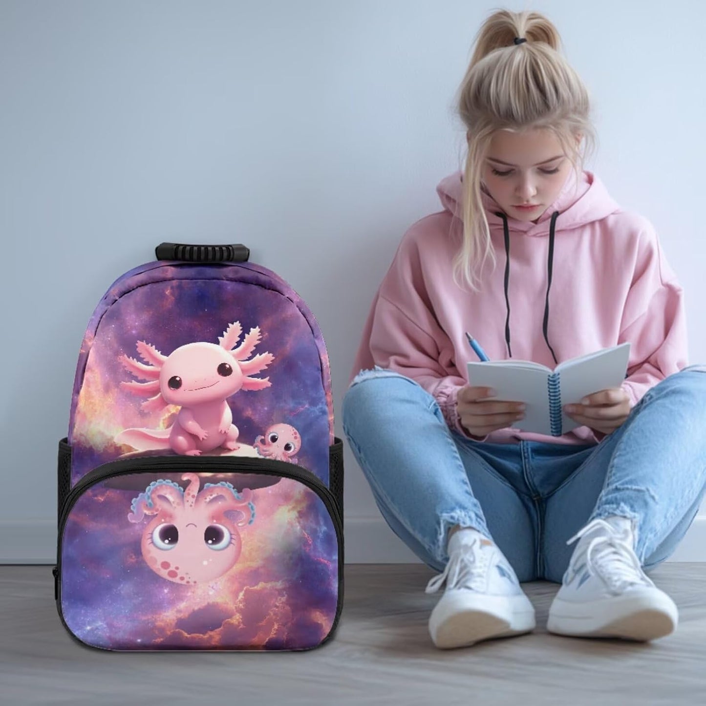 Cute Capybara Pizza Backpack for Girls, 5 Pcs Boys School Bag Set for Kids, 17 Inch Backpacks Lunch Pencil Box Reusable Utensils Case Set for Middle Elementary School, 3rd Grade Backpack