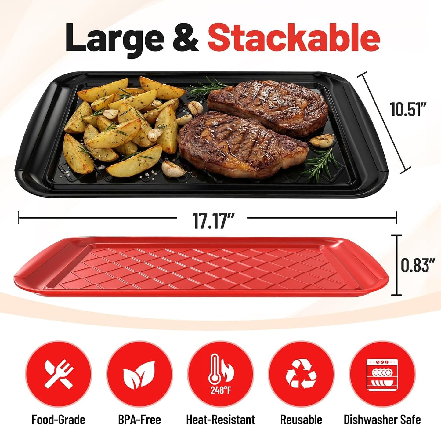 Grilling Prep & Serving Tray, Set of 2 Stackable Plastic BBQ Trays for Raw and Cooked Food, Dishwasher Safe, 17"×10.5" Outdoor Cooking, BBQ Accessories for Parties, Green & Black
