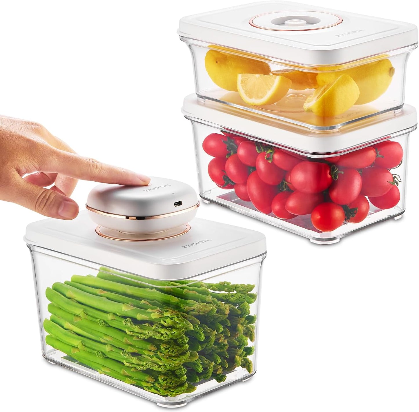 One-Touch Electric Vacuum Seal Food Storage Containers Set of 3 - Automatic Sealer Machine with Airtight Meal Prep Containers - BPA-Free & Stackable for Vegetables, Meat, Fruits (White)