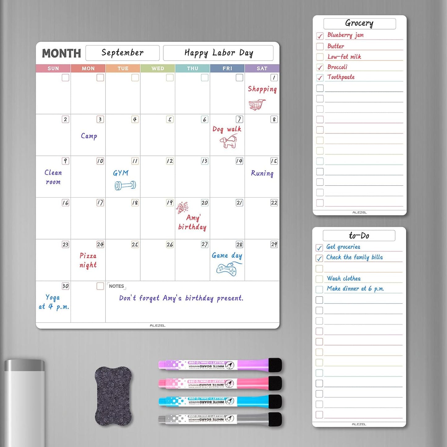 ALEZEL Dry Erase Calendar for Refrigerator, Greenery Magnetic Fridge Calendar Whiteboard - Set of Vertical Monthly Dry Erase Calendar for Fridge & 2 List Board, 4 Markers + Eraser