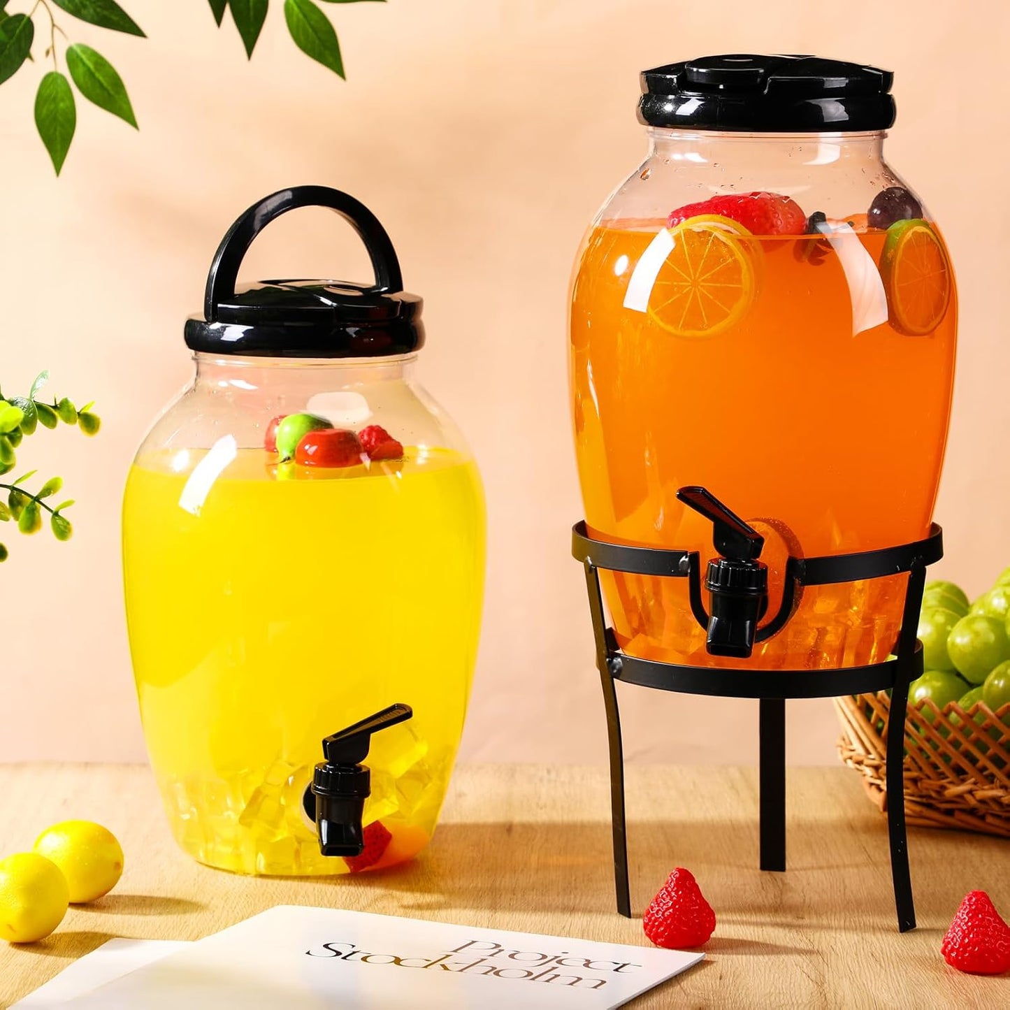Havawish 2 Pack 1.16 Gallon Drink Beverage Dispenser with Stand for Parties Plastic Water Lemonade Juice Dispenser with Spigot and Lid for Countertop Weddings(Gold)