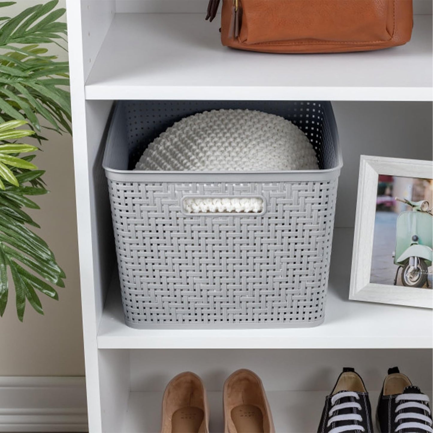 Sterilite 6-Pack Tall Basket, Woven Plastic Storage Baskets for Organization, Cement - Organizing Bin Containers with Handles for Bedroom, Bathroom, Dorm, and Closet