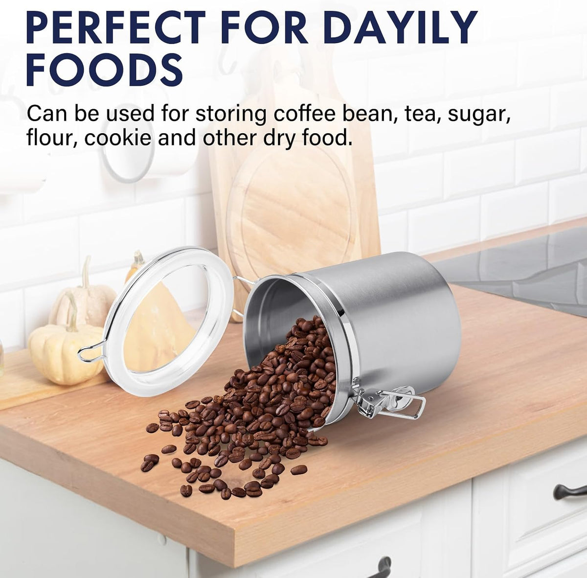ENLOY 165oz Stainless Steel Airtight Canister for Kitchen, Large Flour Coffee Bean Tea Cereal Sugar Cookie Metal Food Storage Canisters with Clear Lid and Sturdy Locking Clamp (7.7 * 7.7 * 8.4in)