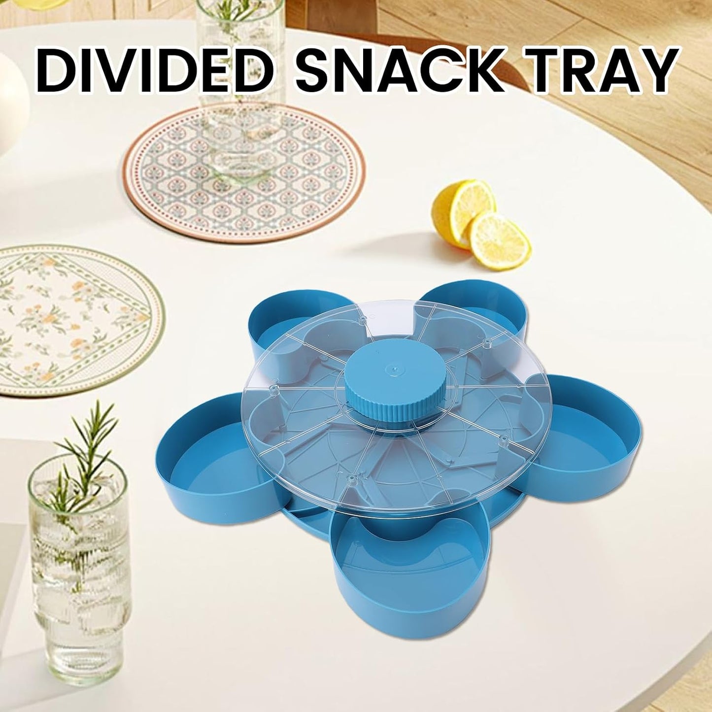 POCREATION 5 Compartment Rotating Snack Tray with Lid, Spinning Divided Serving Tray for Party Appetizers Dips Fruits Veggies Picnic Game Day