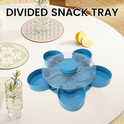 POCREATION 5 Compartment Rotating Snack Tray with Lid, Spinning Divided Serving Tray for Party Appetizers Dips Fruits Veggies Picnic Game Day
