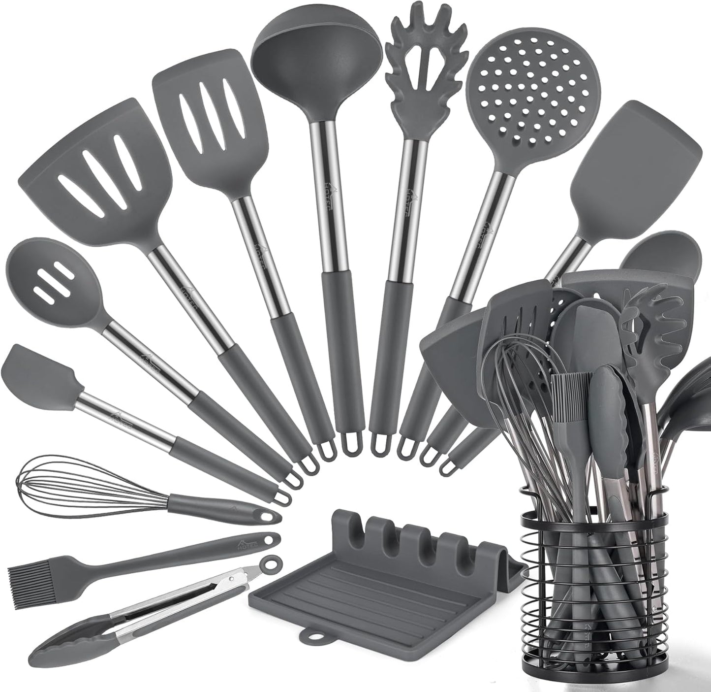 HOTEC 446°F Heat Resistant Silicone Kitchen Utensils, Cooking Utensil Set, Spatula Set, BPA Free, Kitchen Gadgets, With Stainless Steel Utensils Holder, Dishwasher Safe 14pcs Khaki