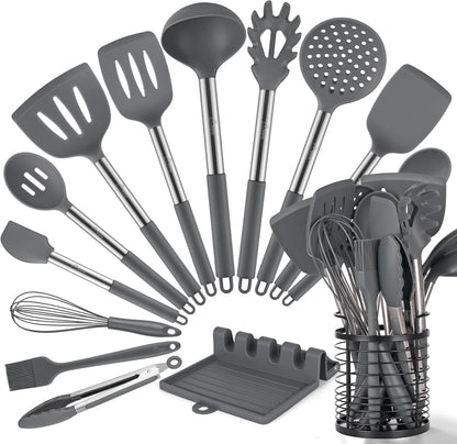 HOTEC 446°F Heat Resistant Silicone Kitchen Utensils, Cooking Utensil Set, Spatula Set, BPA Free, Kitchen Gadgets, With Stainless Steel Utensils Holder, Dishwasher Safe 14pcs Khaki
