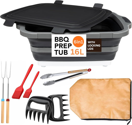 Livingstones Designs 6-in-1 BBQ Prep Tub Set: 16L Collapsible Station with Locking Lid, Thermal Bag, Meat Shredder Claws, Heat-Resistant Basting Brushes, Stainless BBQ Tong & Forks for Grilling & More