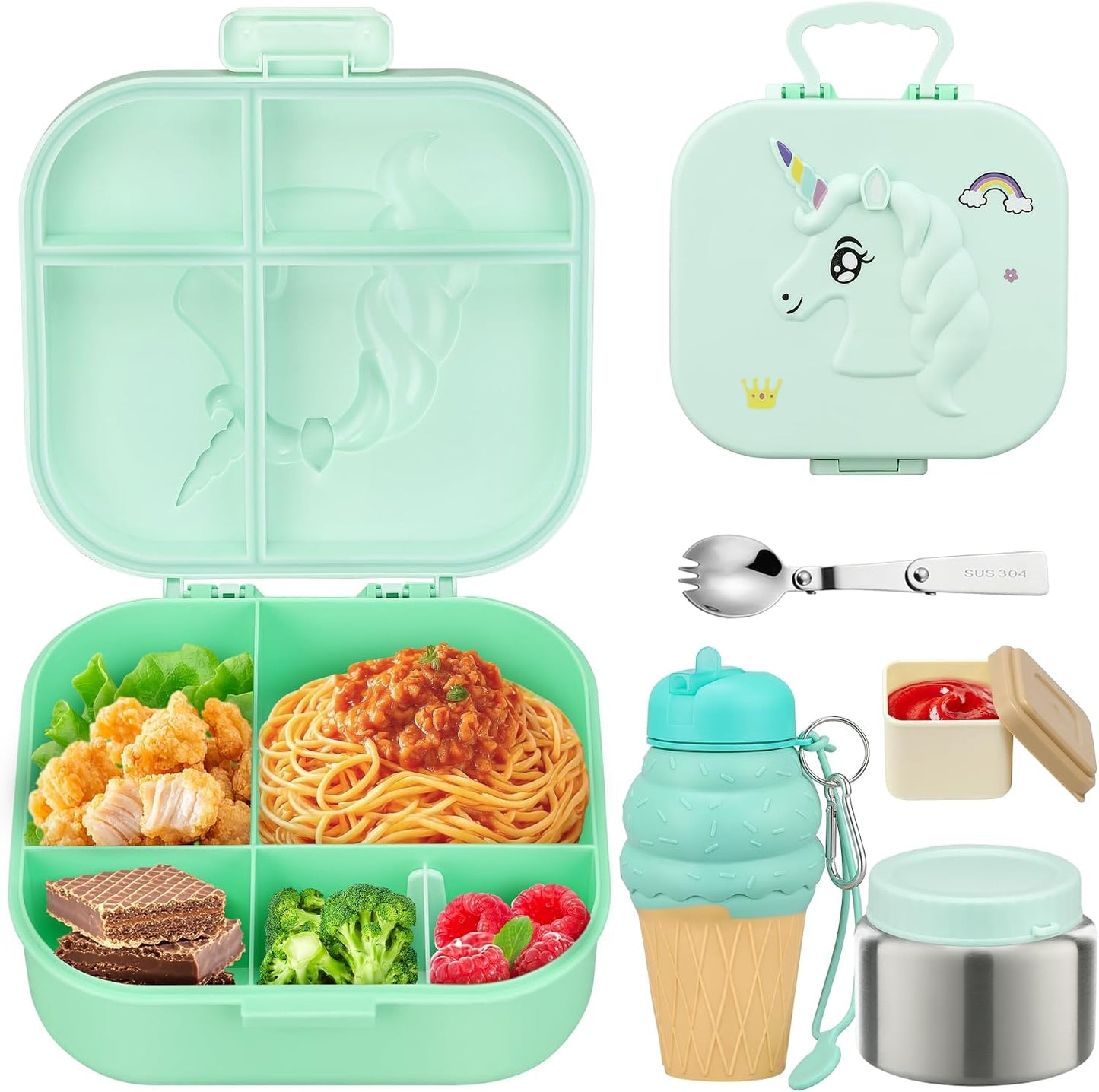 Aimsnk Magical Dinosaur Kids Lunch Box Set -12oz Insulated Food Jar, Leakproof Lunch Food Containers Cutlery, Leak-Proof Sauce Cup & Spoon, Gradient Green+Jar Green