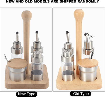 Cruet Set, Wood Condiment Spice Pepper Jar Box 5PCS Stainless Steel Plastic Oil Vinegar Salt Pepper Condiment Dispensers Set with Spoon (square wooden frame)