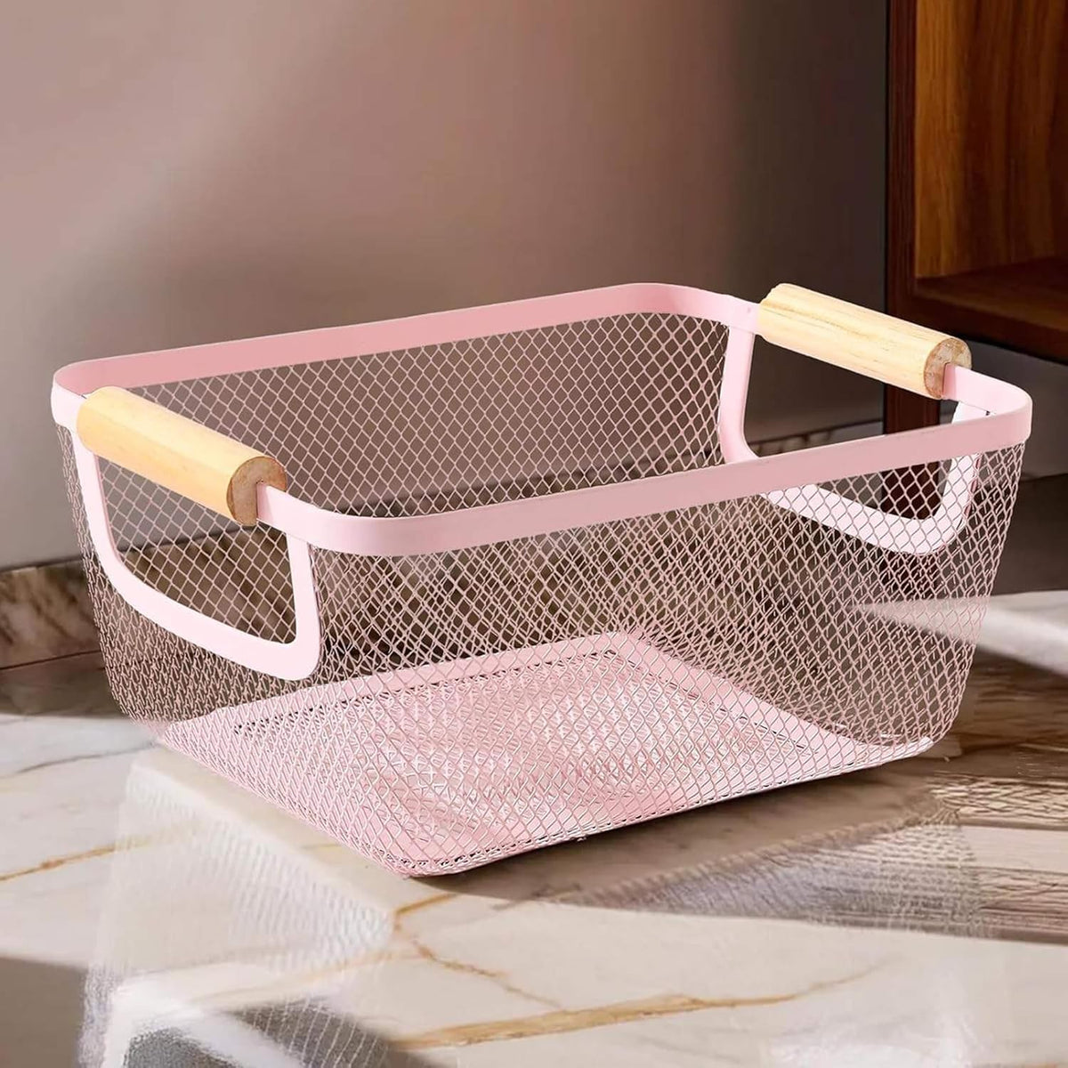 AJIODA Metal Mesh Steel Basket, Large Wire Storage Organizer Basket Multi-function Hanging Kitchen Baskets with Wood Handle for Kitchen Bathroom Picnic Home, Rectangle-Off White
