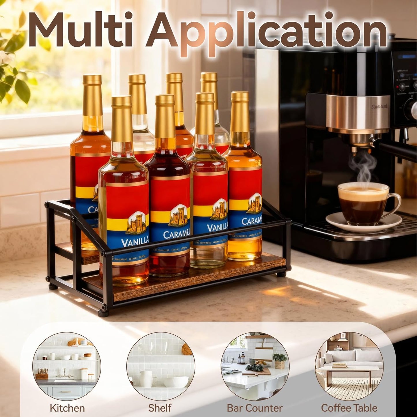 kimilus Coffee Syrup Organizer Rack, Liquor Bottle Display Shelf, 2 Tier 10 Syrup Bottles Holder Stand for Coffee Bar Kitchen Small Wine Rack for Family Storage for Syrup Wine Dressing