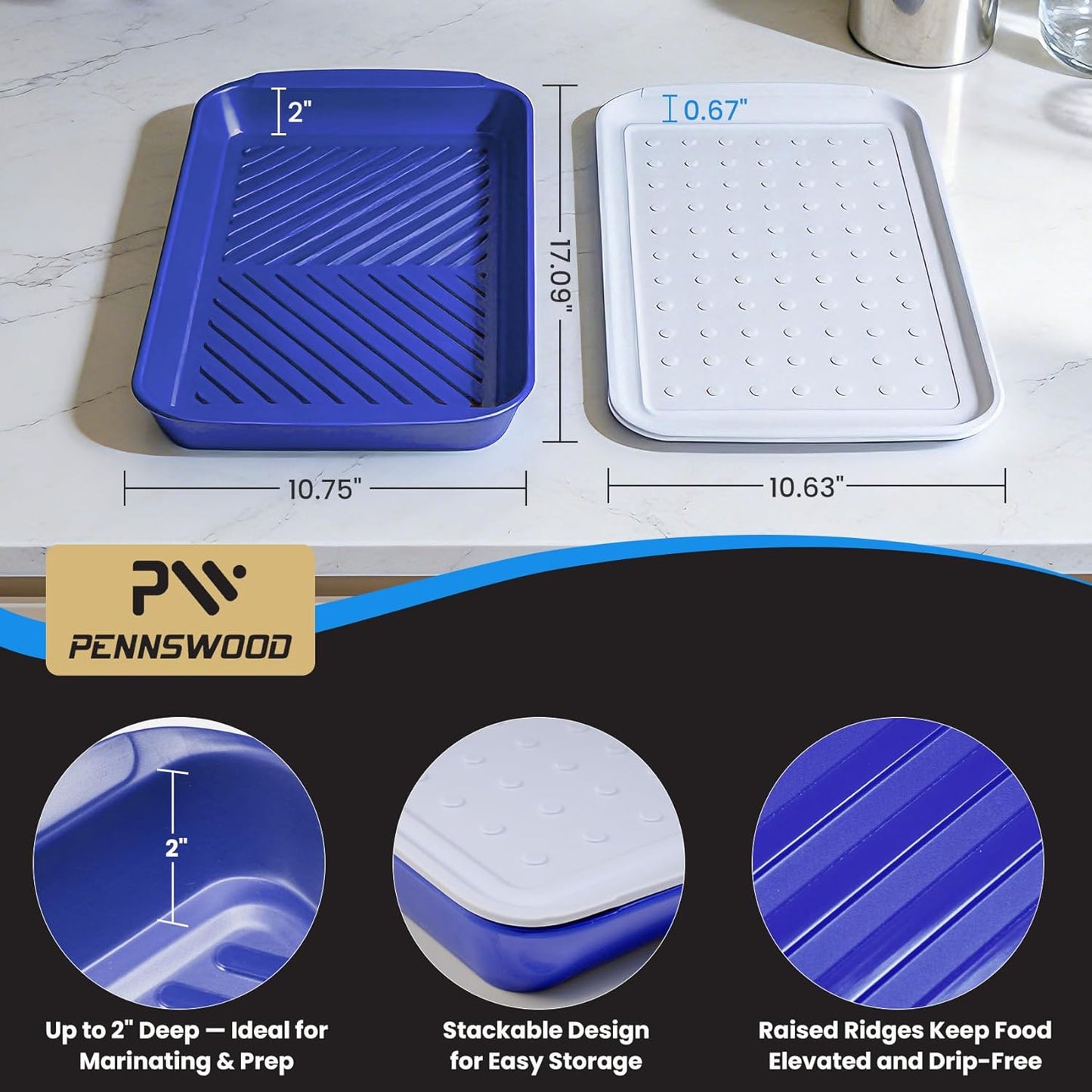 Grill Prep Trays Set of 2, Large Melamine Grilling Prep and Serve Trays with Deep Raised Edges for BBQ Meat Prep, Marinating & Serving, BPA Free