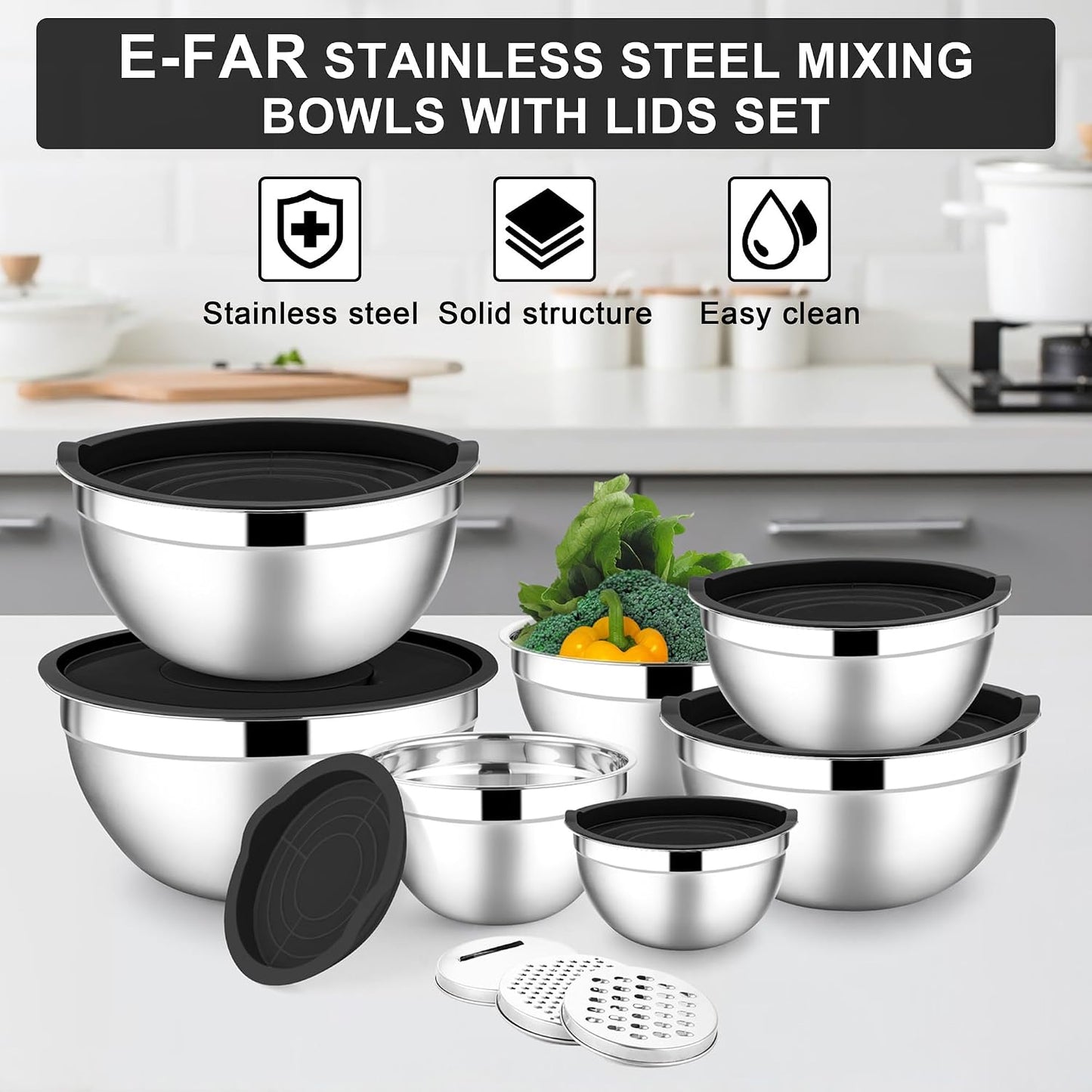 E-far Stainless Steel Mixing Bowls with Lids Set, 5-Piece Nesting Salad Bowls with 3 Grater Attachments and Non-Slip Bottoms, Size 4.6, 2.6, 2, 1.5, 1QT for Kitchen (Khaki)