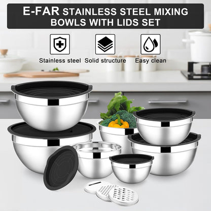 E-far Stainless Steel Mixing Bowls with Lids Set, 5-Piece Nesting Salad Bowls with 3 Grater Attachments and Non-Slip Bottoms, Size 4.6, 2.6, 2, 1.5, 1QT for Kitchen (Khaki)