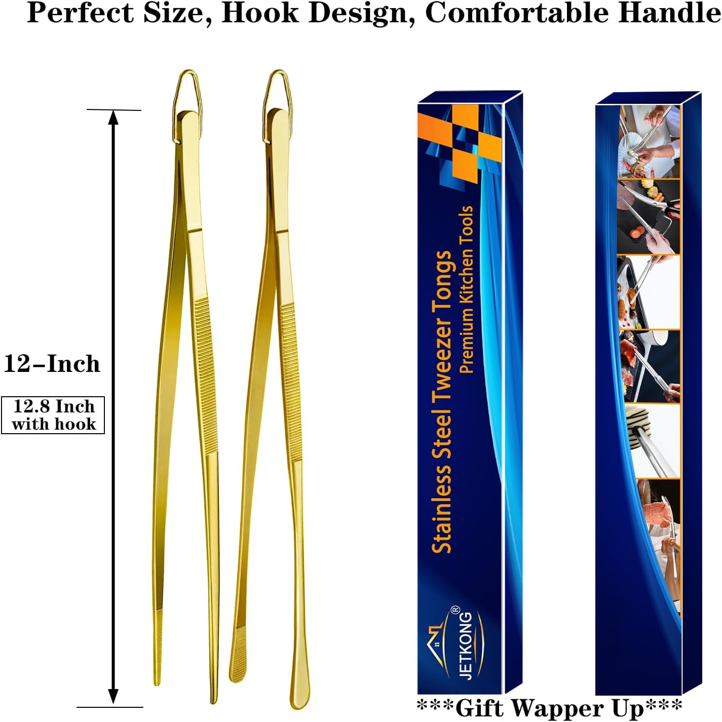 JETKONG 2 Pcs 12-Inch Kitchen Tweezers Fine Tweezer Tongs, Extra-Long Stainless Steel Cooking Tweezers (Silver)