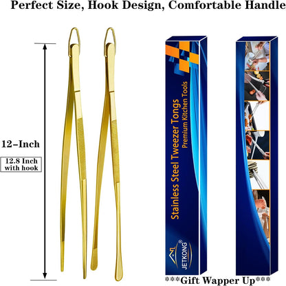 JETKONG 2 Pcs 12-Inch Kitchen Tweezers Fine Tweezer Tongs, Extra-Long Stainless Steel Cooking Tweezers (Silver)