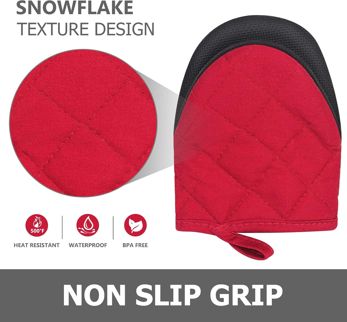 1 Pair Short Oven Mitts - Silicone Kitchen Oven Gloves High Heat Resistant 500℉, Mini Oven Mits with Non-Slip Grip Surfaces and Hanging Loop for BBQ, Baking, Cooking and Grilling (Black)