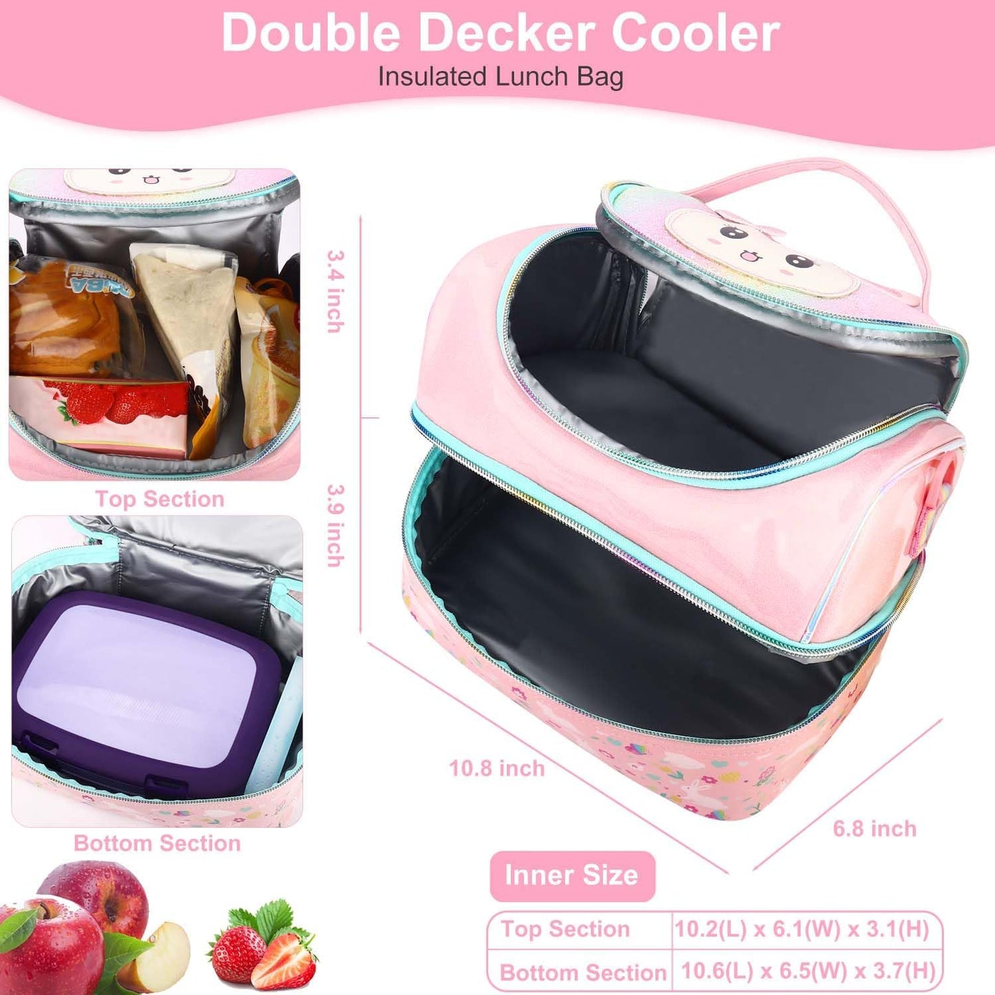 RHCPFOVR Kids Lunch Bag - Double - Decker Cooler Insulated Lunch Box for Boys Girls,Washable Lunch Bag with Strap and Reusable Toddler Lunchbox for School and Daycare