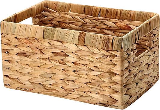 Water Hyacinth Storage Basket, Hand Woven Organizer Bin with Handles for Desktop, Cabinets, Shelves, Snack Organization, Decorative Home Storage, 11 x 7 x 6 in, 28.5 x 18 x 14 cm