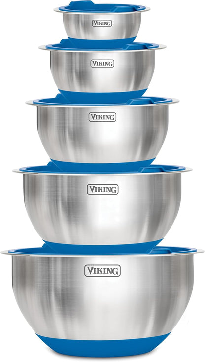 Viking Mixing Bowls Set, 10 Piece Stainless Steel Kitchen Cookware, Non-Slip Silicone Base, Includes Tight Fit Lids, Dishwasher Safe, Grey