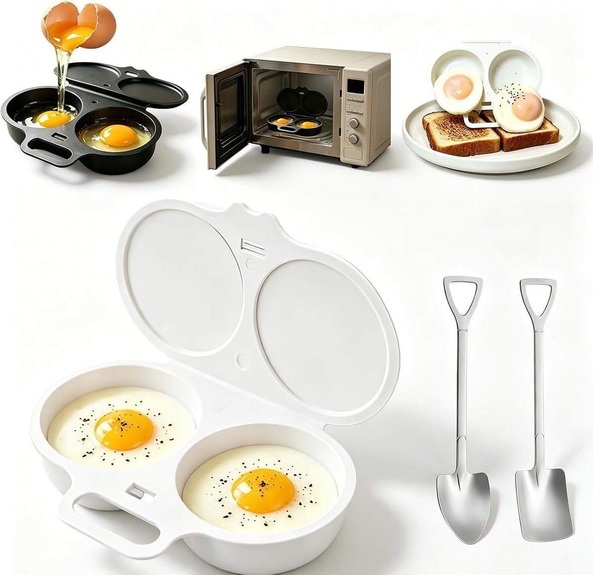 2027 Dual Cavity Microwave Egg Poacher With Lid & Handle，Black*2