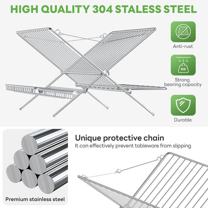 Expandable Over The Sink Dish Drainer Drying Rack, Stainless Steel Metal, Small Adjustable Dish Drainer Drying Rack for Kitchen Counter, Space Saving for Compact Kitchen