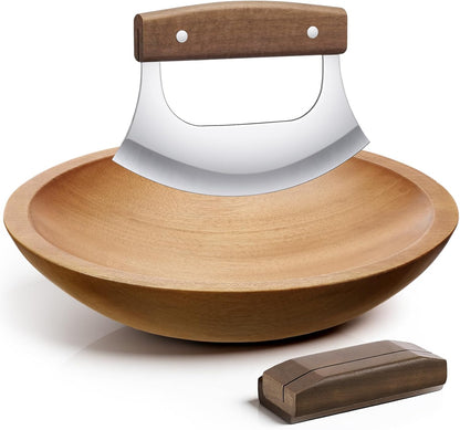 9 Inch Walnut Chopping Bowl and Mezzaluna Knife Set Solid Wood Salad Bowl for Chopping Walnut Herbs Spices Vegetables Eggs Chicken (Round Style)