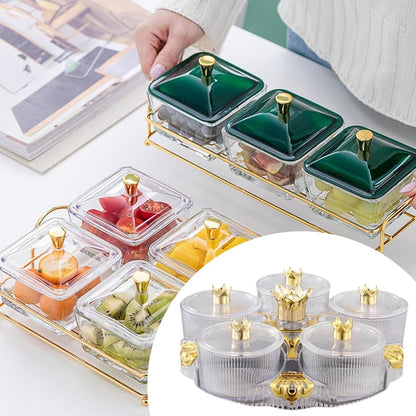 predolo Serving Tray Appetizer Platter with 5 Compartments Divided Plate Rotating Base Lid Suitable for Parties Living Room Home Decoration, Clear