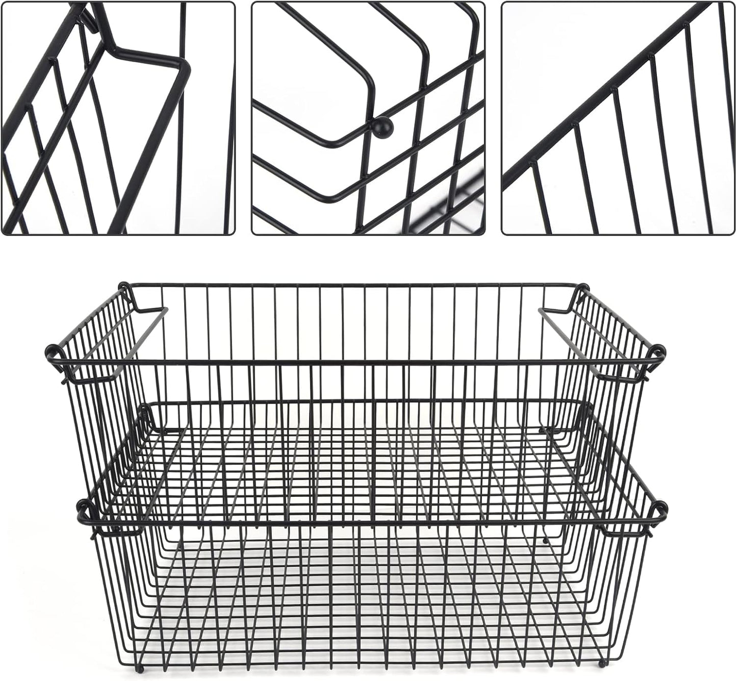 Set of 2 Stackable XXL Wire Baskets For Pantry Storage and Organization -16x12in Large Metal Food Baskets -Vegetable,Fruit,Potato,Onio, Pantry Storage Bins With Handles (Black, XXL)