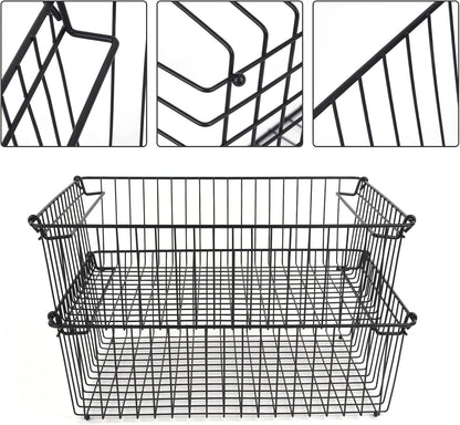 Set of 2 Stackable XXL Wire Baskets For Pantry Storage and Organization -16x12in Large Metal Food Baskets -Vegetable,Fruit,Potato,Onio, Pantry Storage Bins With Handles (Black, XXL)