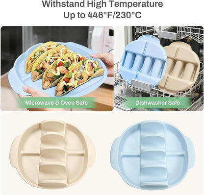 Silicone Taco Holders Set of 2, Reusable Taco Plates with 4-Shell Slots, Tacos Rack Holder Stands with Handle for Tortillas Party Serving, Family Dinner & Meal Prep Accessories(Dark Blue + White)