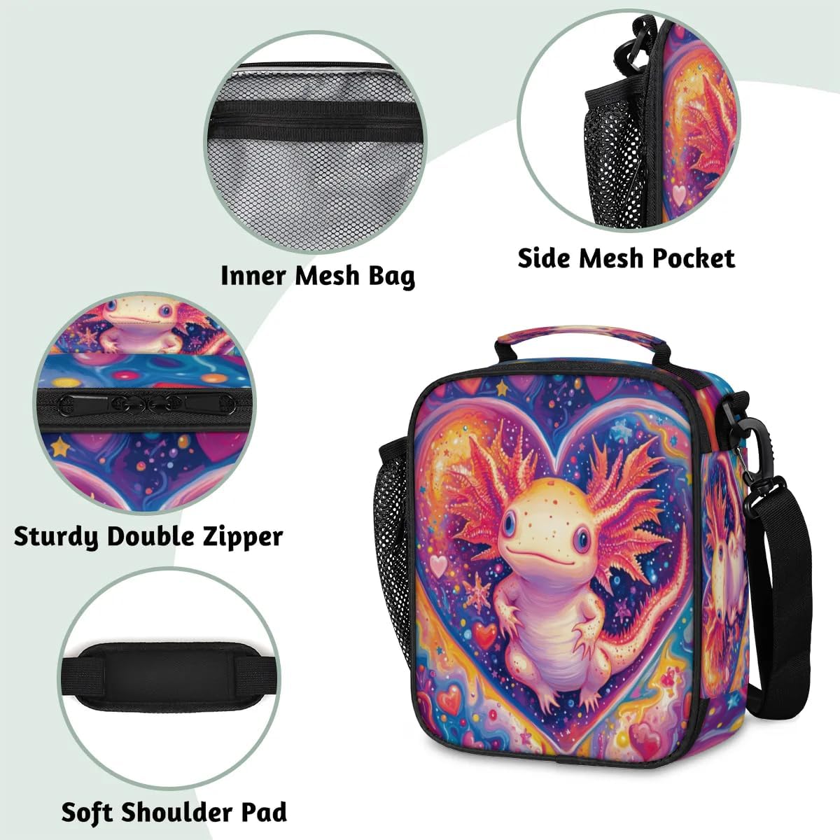 Insulated Lunch Box for Girls Kids Axolotl Lunch Bags Reusable Portable Lunchbox with Adjustable Shoulder Strap and Water Bottle Holder for Work School Travel