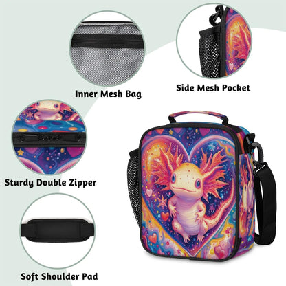 Insulated Lunch Box for Girls Kids Axolotl Lunch Bags Reusable Portable Lunchbox with Adjustable Shoulder Strap and Water Bottle Holder for Work School Travel