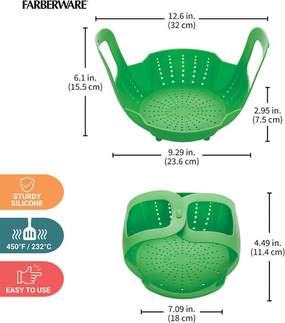 Farberware Silicone Steamer Basket with Interlocking Handles – Heat-Resistant 450F Food Safe Silicone Steamer Insert – High Walls Keep Food Above Water – Rolls Up for Compact Storage – Dishwasher Safe