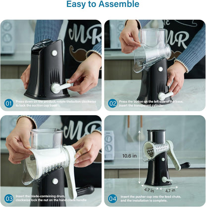 Rotary Cheese Grater hand crank 3 blades with Stronger Suction Base | Stainless Steel Blades for Fruits, Vegetables, Nuts. Dishwasher Safe & Easy to Clean, Transparent Black & Blue