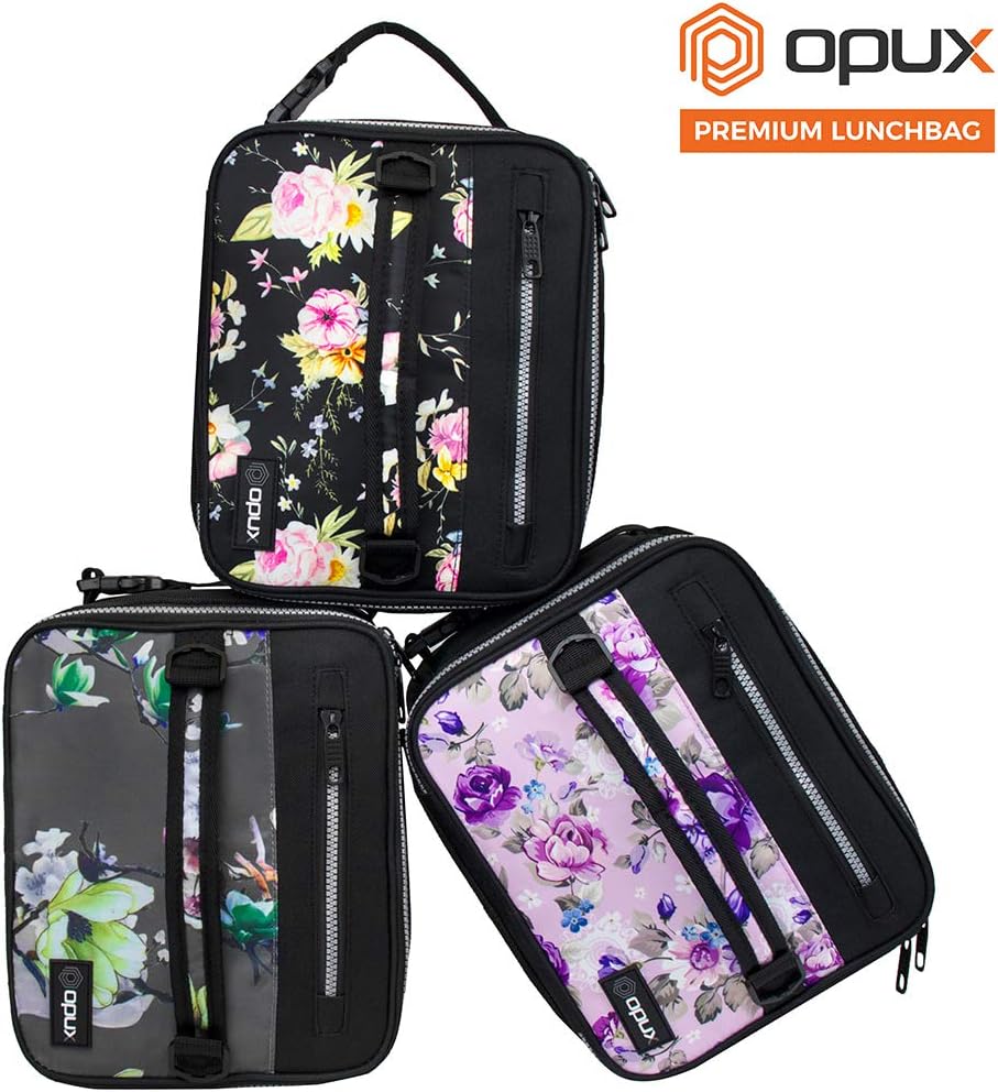 opux Insulated Lunch Box for Men Women Adult, Compact Lunch Bag for Kids Boy Girl Teen, Soft Lunch Cooler Bag for Work School, Leakproof Lunchbox Lunch Pail with Clip-on Buckle, Grey Flowers