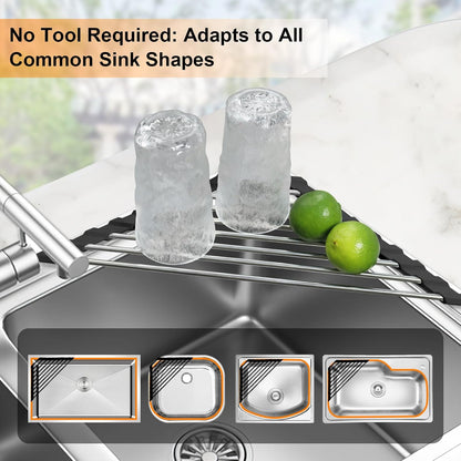 Corner Sink Caddy Triangle Dish Drying Rack for Sink Corner, Sponge Holder Roll Up Dish Drying Rack Over The Sink, Stainless Steel Kitchen Sink Organizer Drainer Mat Sponge Caddy for Counter Storage