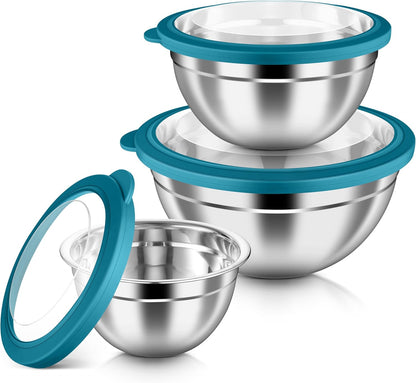 HaWare Mixing Bowls with Airtight Clear Lids, 6-Piece Stainless Steel Strong Nesting Bowls Set, Metal Salad Bowl for Cooking, Prepping, Baking, Serving & Food Storage, Size 4.6, 3, 1.5QT, Khaki