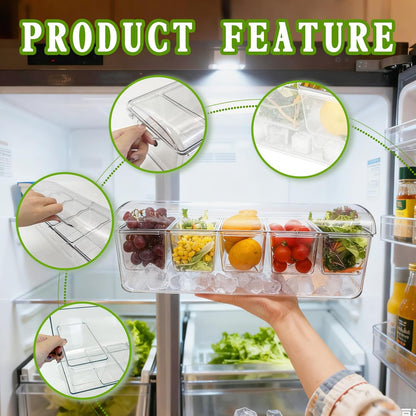 Ice Chilled Condiment Server, 5 Removable Compartments Condiment Containers with Lids Drain Plug, Clear Garnish Tray Serving Platter Holder for Caddy Fruit Snack Sauce Taco Salad Bar Supplies