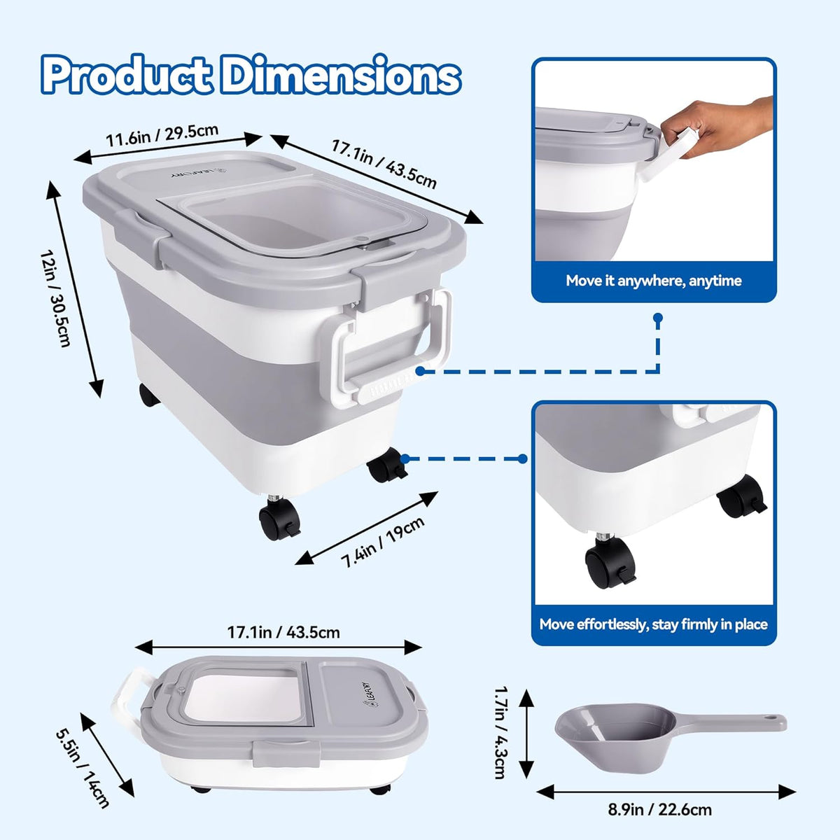 Dog Food Storage Container 20-25lbs, Airtight Pet Food Bin with Locking Lid & Clear Window, Collapsible Rolling Storage Container with Wheels and Scoop, Black