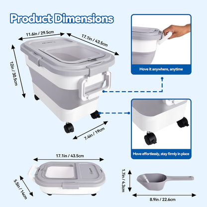 Dog Food Storage Container 20-25lbs, Airtight Pet Food Bin with Locking Lid & Clear Window, Collapsible Rolling Storage Container with Wheels and Scoop, Black
