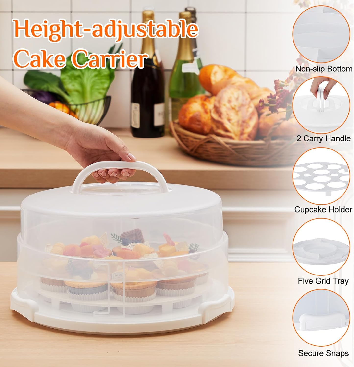 Teenyyou 12 Inch Large Cake Carrier with Lid and Handle for 12" Round 7" High Cake Adjustable Plastic Pies Carrier Portable Cupcakes Transport Container for Cookies Pizza and More(Pink)